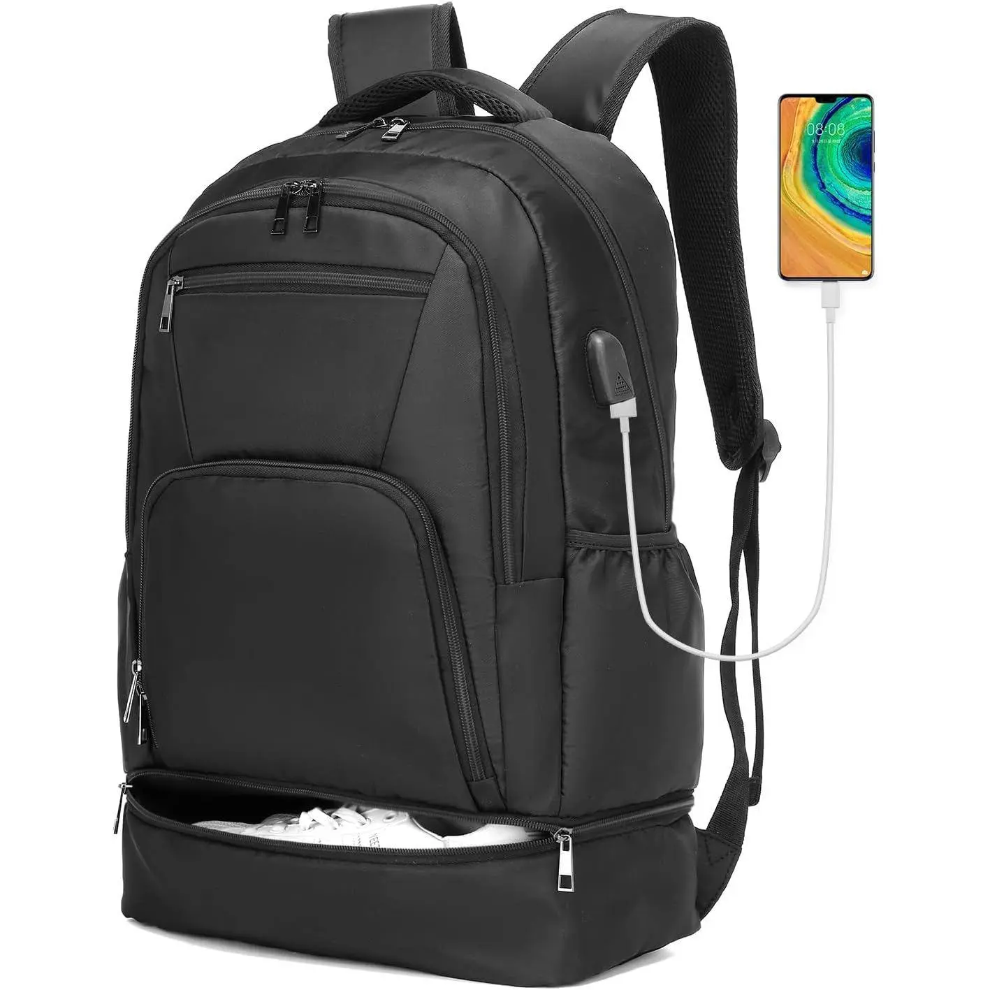 Lightweight Waterproof Gym Backpack with Shoe Compartment, USB Charging Port - Men's Casual Daypack for Basketball, Travel