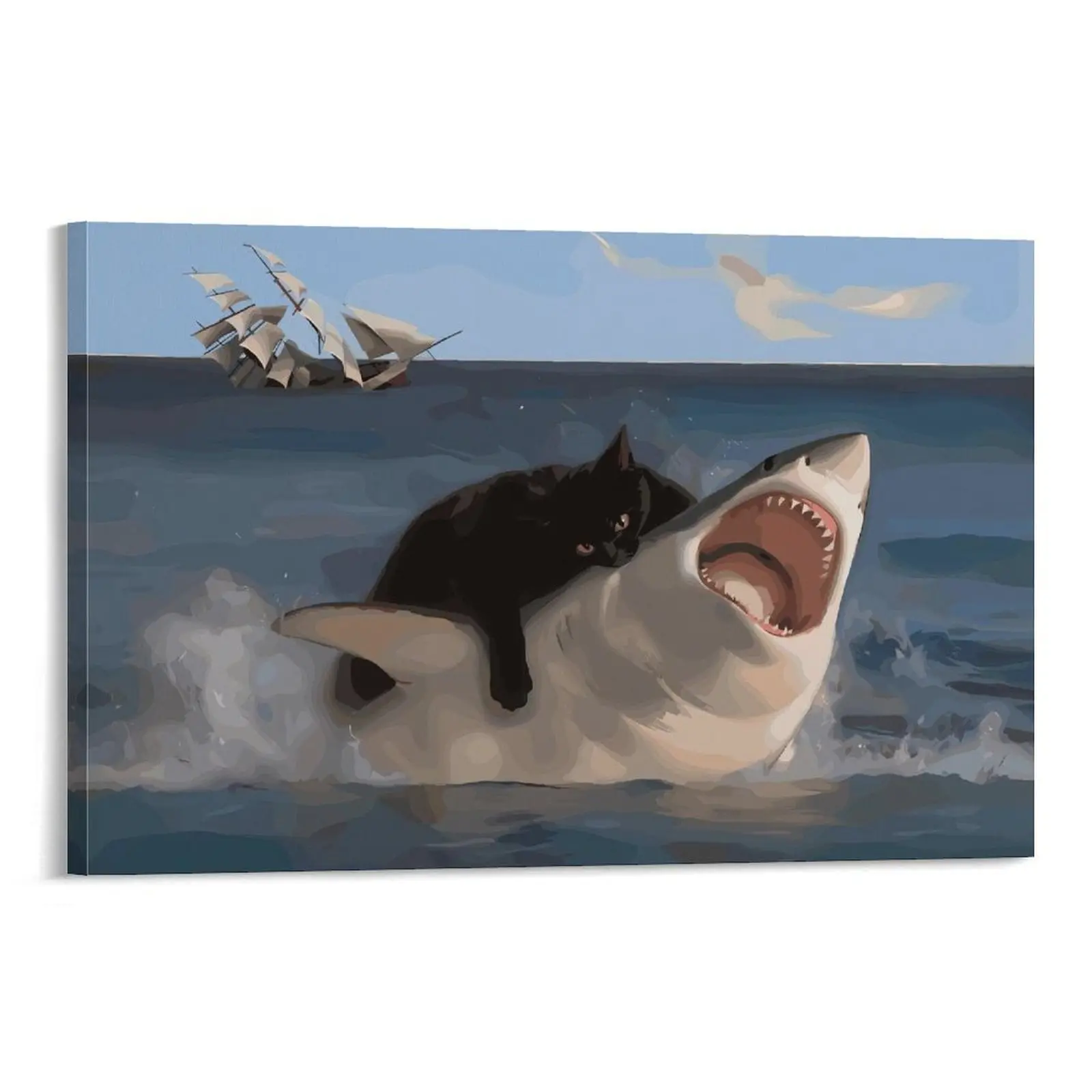 Funny Quirky Cat and Shark Pictures Canvas Print, Abstract Black Cat Shark Posters Wall Decor for Room Bedroom Living Room Bathroom
