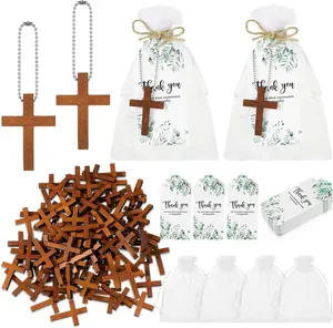 100 Set Wooden Cross Funeral Favors Set with White Organza Bags & Sympathy Thank You Cards for Family & Friends - Gifts
