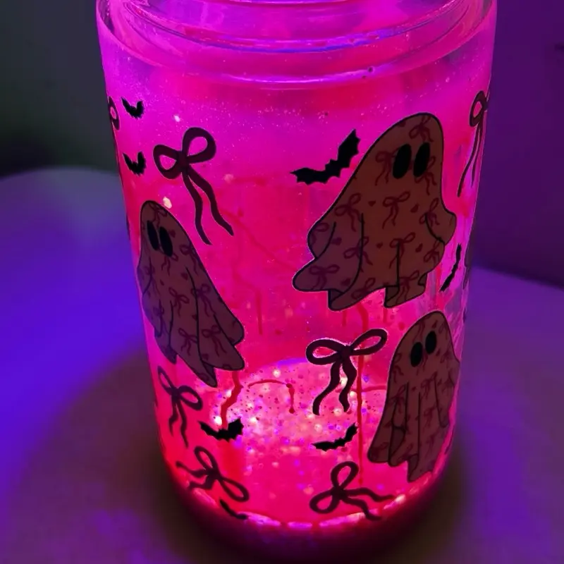 Spooky Ghost 16 oz Snowglobe Cup with Pink Glow and Ghost Design for Halloween Fun Glass Straw