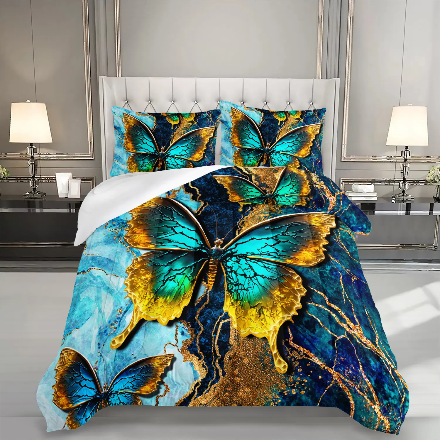 Queen 3pcs Cozy Aesthetic Butterfly Pattern Bedding Comforter Set - Microfiber, Lightweight, Soft, Breathable, Warm, All-Seasons, Machine Wash Quilt with 2 Pillowcases for Girls' Bedrooms, Family Gifts, Vibrant