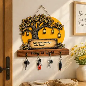 Farmhouse Key Holder Wall Decor "Que Dios Bendiga Este Hogar" Wooden Key Rack with Lantern Design | Rustic Tree Aesthetic | Entryway Organizer Gift | Durable & Lightweight Wood | Thoughtful Housewarming Gift
