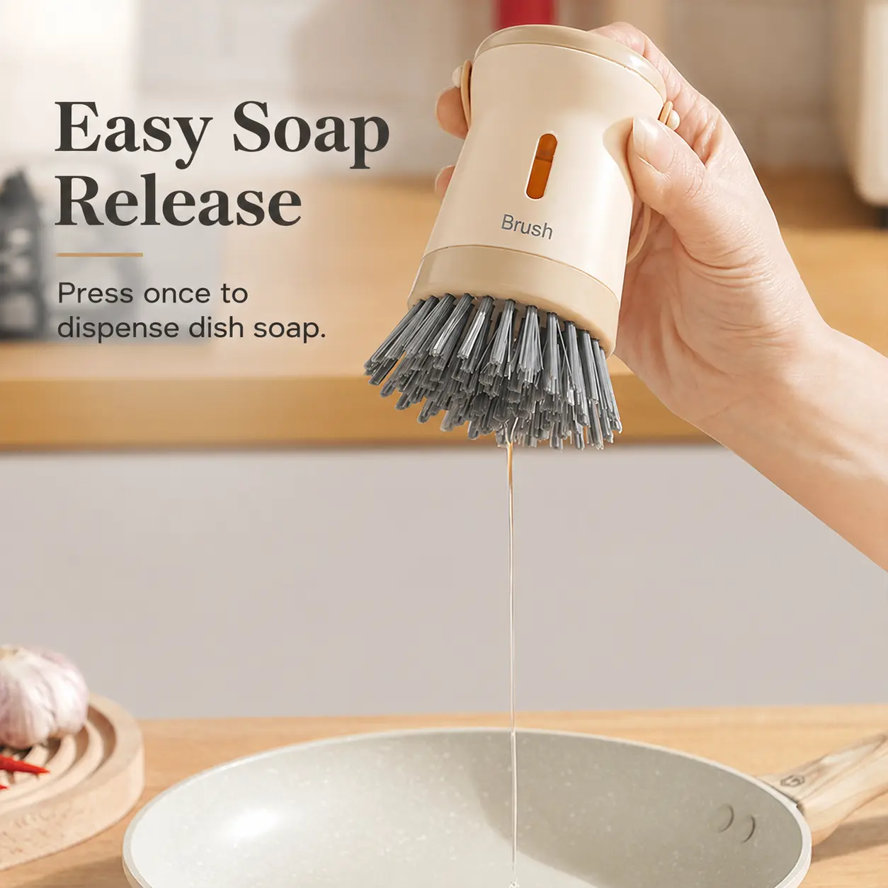 Soap Dispensing Dish Brush - Refillable ABS Plastic Handle, Stiff Bristles Kitchen Cleaning Tool, Compact Scrub Brush with Pouch for Pots & Pans, Single Unit Home Care Cleaning Supplies for Apartments