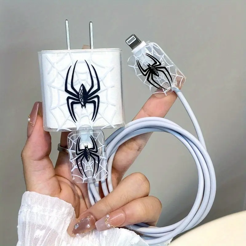 Durable TPU 3pcs/set Spider Pattern Charger & Cable Protector Set for IPhone 20W Adapter - Port Protection, Ideal Gift, No Battery
