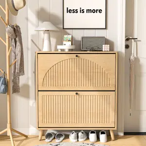 Wooden Narrow Shoe Storage Cabinet - Durable Freestanding Organizer with 2 Flip Drawers, Fluted Panel, Adjustable Legs, Space-Saving Hidden Design for Entryway, Foyer