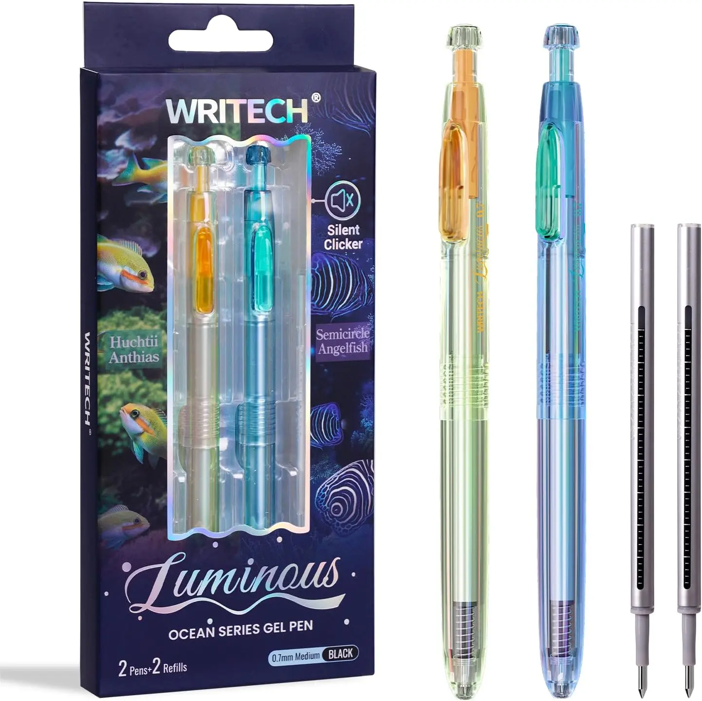 WRITECH Gel Pens Medium Point: Luminous pen set 0.7mm Black Ink Includes 2 Pens and 2 Refills Silent Clicker Smooth Writing for School Office & Everyday Use