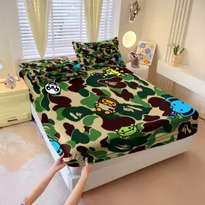 BAPE Baby Milo Classic Camouflage Fitted Sheet Set, 1 Fitted Sheet & 2 Pillowcases, Soft Skin-Friendly Anti-Slip Wrinkle Resistant, Trendy Street Elements and Cute Cartoon, Personalized Trend Bedroom Decor, Durable Bedding Accessories