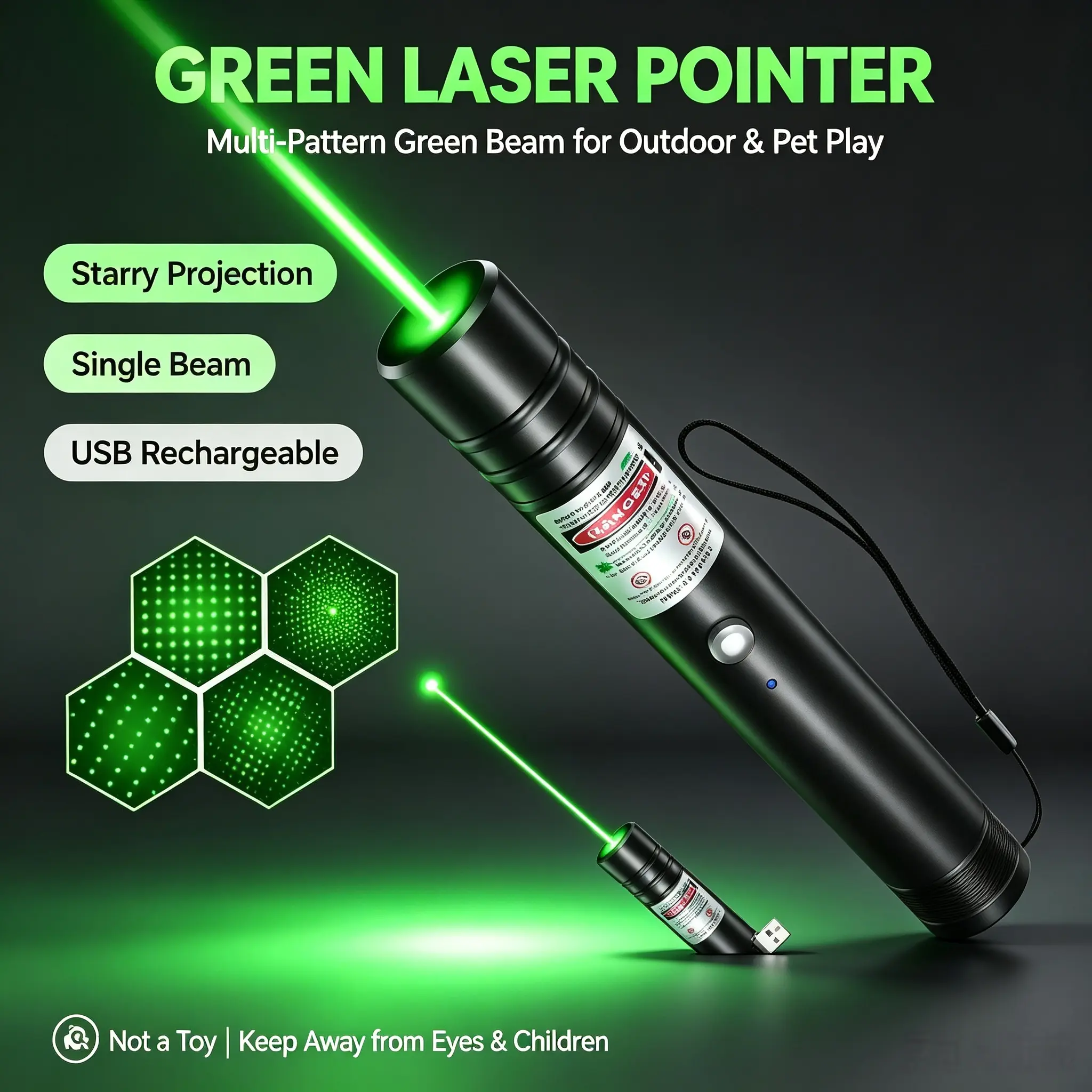 Green Long-Range Laser Pointer with Removable Star Cap, USB Rechargeable Laser Light for Astronomy, Construction, Presentations (Hand Tool Accessory, Not a Toy)