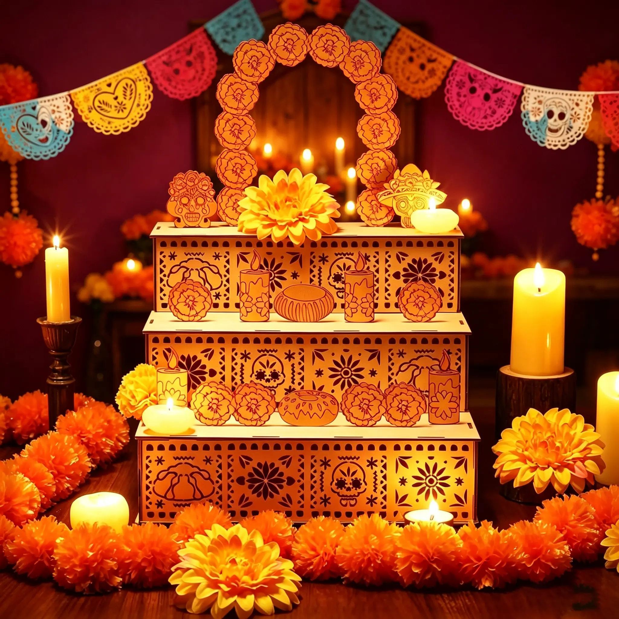 Mexican Day of the Dead Wooden Altar Display Set – 3-Tier *Día de los Muertos* Decorative Ornament