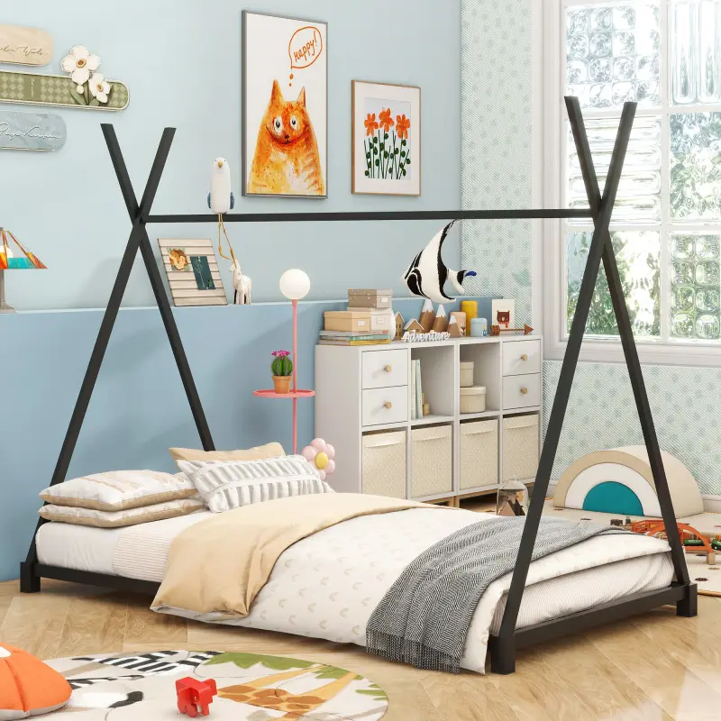 Metal Twin Size House Platform Bed with Triangle Structure Black