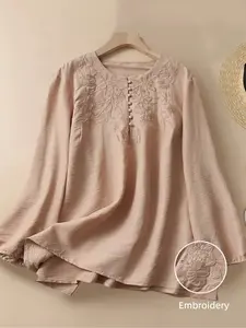 Women's New Embroidered Shirt, Elegant Casual Floral Embroidery Long Sleeve Round Neck Blouse, Loose-Fitting Retro Style All Seasons, Button, Womenswear