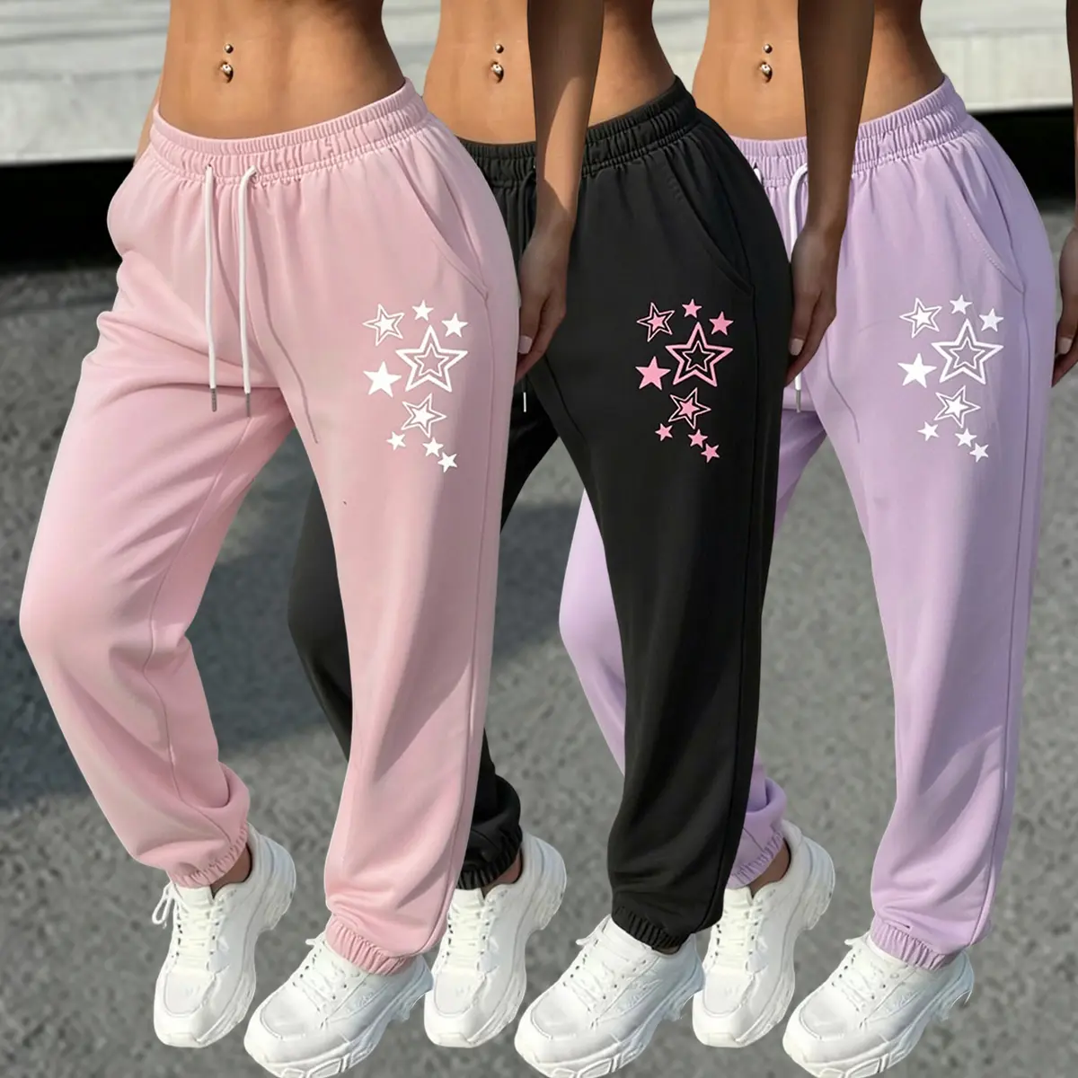 Women's 3-Piece Fashion Casual Athletic Pants - Polyester Clothes, Plain, Elastic Waistband, Adjustable Drawstring, Drawstring Fit, Suitable for Sports Fitness, Leisure Vacations, Women's Bottoms