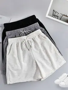 Women's 3-Piece Gym Shorts Set with Drawstring Pockets, Casual Slim-Fit Running Gym Beach for All Seasons, Stretch Knit Shorts, Solid Sports Shorts