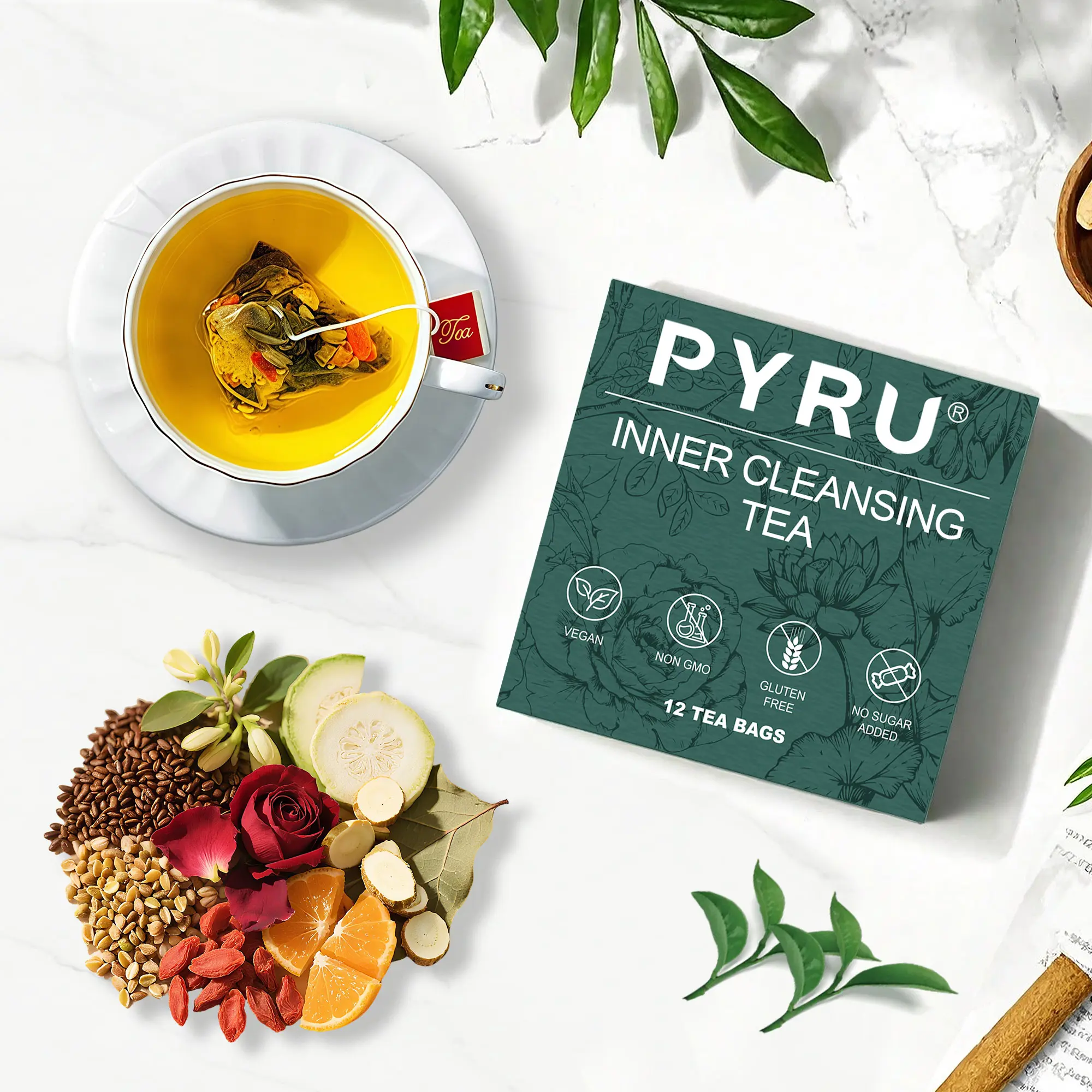 Pyru Inner Cleansing Herbal Tea – Gentle Chinese Herbal Blend for Bloating Relief, Digestive Support & Daily Balance | Caffeine-Free, Summer Cooling Tea, Traditional Natural Beverage | 12 Tea Bags (1 Pack), Great Gift for Wellness Lovers -A