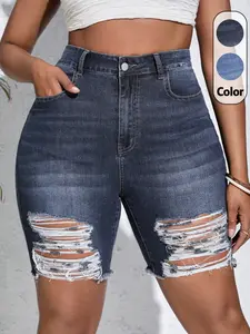 Women's High-Waisted Ripped Denim Shorts, Casual Summer, Elastic Stretch, Multiple Colors, Perfect for Daily Wear or Beach Days