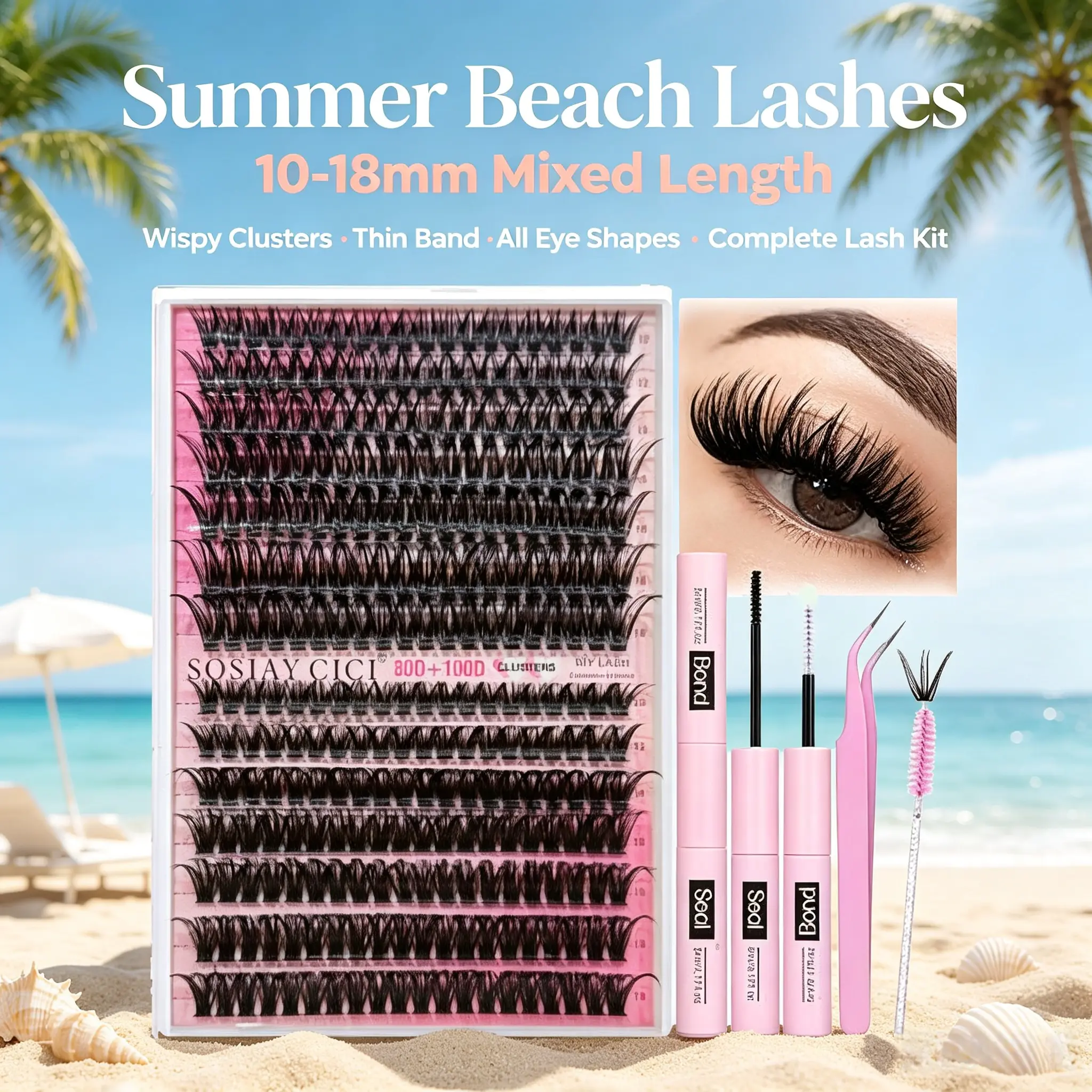 Lash Clusters Kit Natural Individual Lashes Wispy Eyelash Extensions 10-18mm DIY Lash Extension Kit Lash Bond and Seal Waterproof, Lash Applicator, Thick False Eyelashes Kit Makeup Flawless Cosmetic