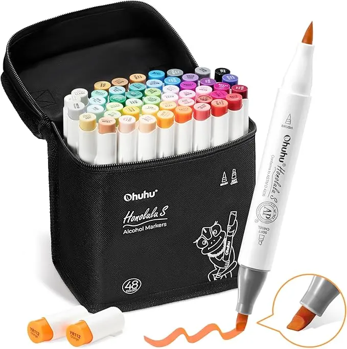 Ohuhu Alcohol Markers: Brush & Soft Chisel - 48 Colors - Dual Tips Drawing Markers for Artist Beginner Adult Coloring Illustration Sketching - Red Dot Award Winner - Refillable - Honolulu S Series of Ohuhu