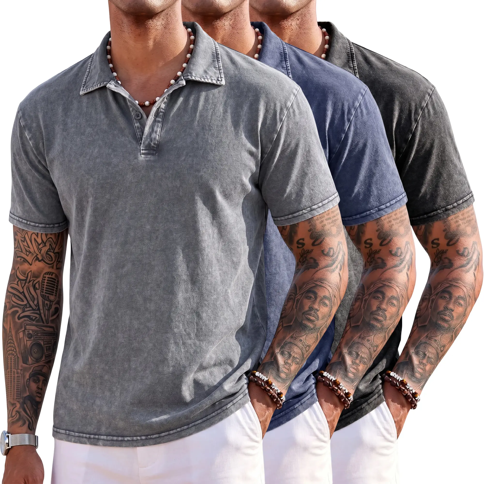 Men’s 3-pack soft vintage washed Polo shirts, 100% cotton, turn-down collar, half button placket, short sleeves—ideal for everyday street casual summer wear tops