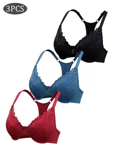 3 Pack Women's Lace Front Closure Racerback Bras, Underwire Support Push Up Lift Anti-Sagging, Sexy Back Design, Perfect for Dating, Party and Multi-Occasion Wear