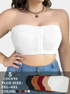 5PCS Women’s Plus Size Fit Strapless Bandeau Bras | Adjustable Front Closure Chic Bra | Multi-color Pack Womenswear for All-Day Confidence