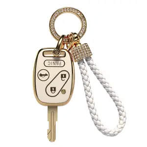 Key Fob Cover for Honda with Leather Keychain, Premium TPU Key Case Compatible with 2003-2015 Hond a Accord Crosstour Civic EX CR-V Pilot Element Remote Smart Car Key Protector，Straight key cover