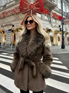 Women's Winter Fashion Faux Fur Coat, Vintage Loose Fit Long Sleeve Jacket, Large Fur Collar, Daily Wear Outerwear