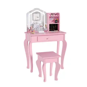 Little Girls Pretend Makeup Vanity Set with LED Lighted Mirror & Cushioned Stool, Pink & White Toddler Dressing Table with Playset for 3-8 Years