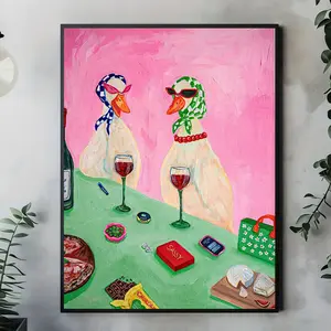1 Piece Fun Duck Dinner Party Canvas Poster - Vintage, Artistic Dining Scene Wall Art with Wine Glass, Frameless Decoration Suitable for Living Room, Kitchen, Office - Scratch-Resistant Print - Housewarming Gift (Indoor & Outdoor Use), Home Decoration