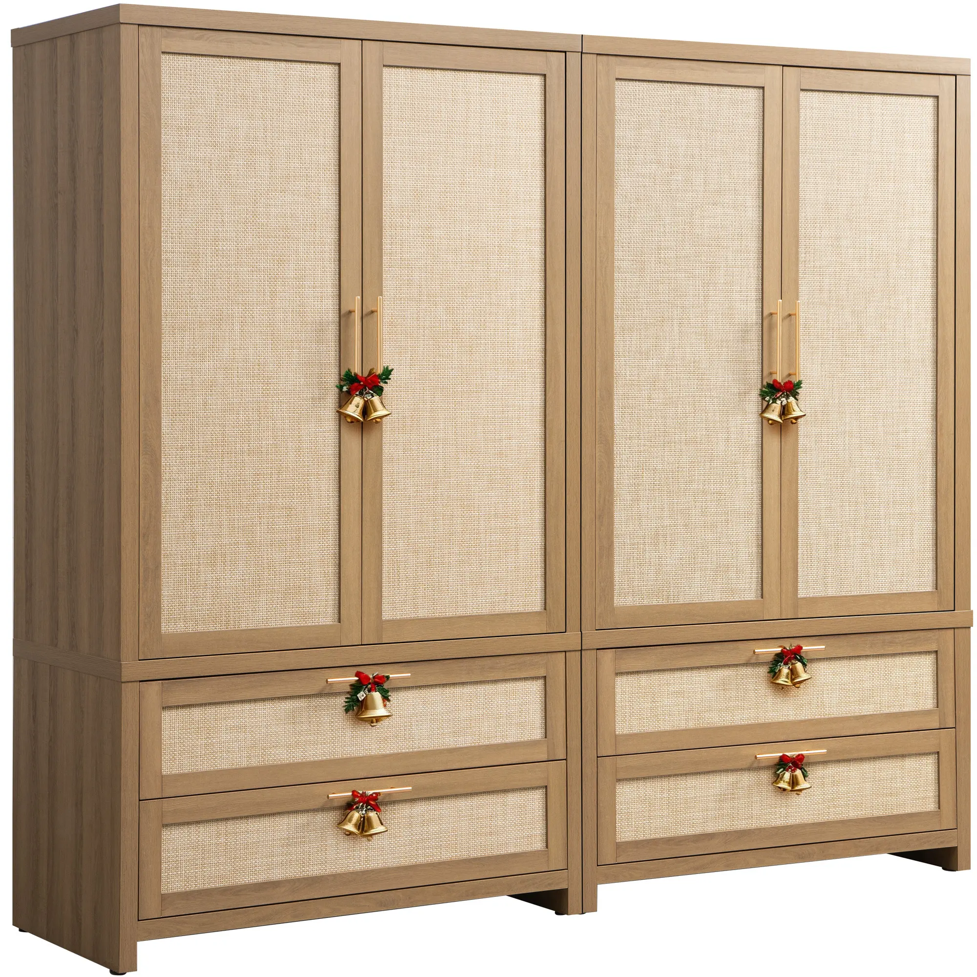 SICOTAS Rattan Armoire Wardrobe Closet Cabinet, 71" Tall Wardrobe Storage Cabinet with Doors, Larger Drawers and Hanging Rod, Boho Armoire Clothes Organizer for Bedroom, Laundry Room, Cloak Room, Oak