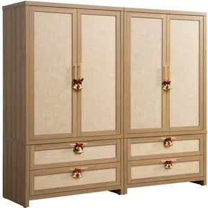 SICOTAS Rattan Armoire Wardrobe Closet Cabinet, 71" Tall Wardrobe Storage Cabinet with Doors, Larger Drawers and Hanging Rod, Boho Armoire Clothes Organizer for Bedroom, Laundry Room, Cloak Room, Oak