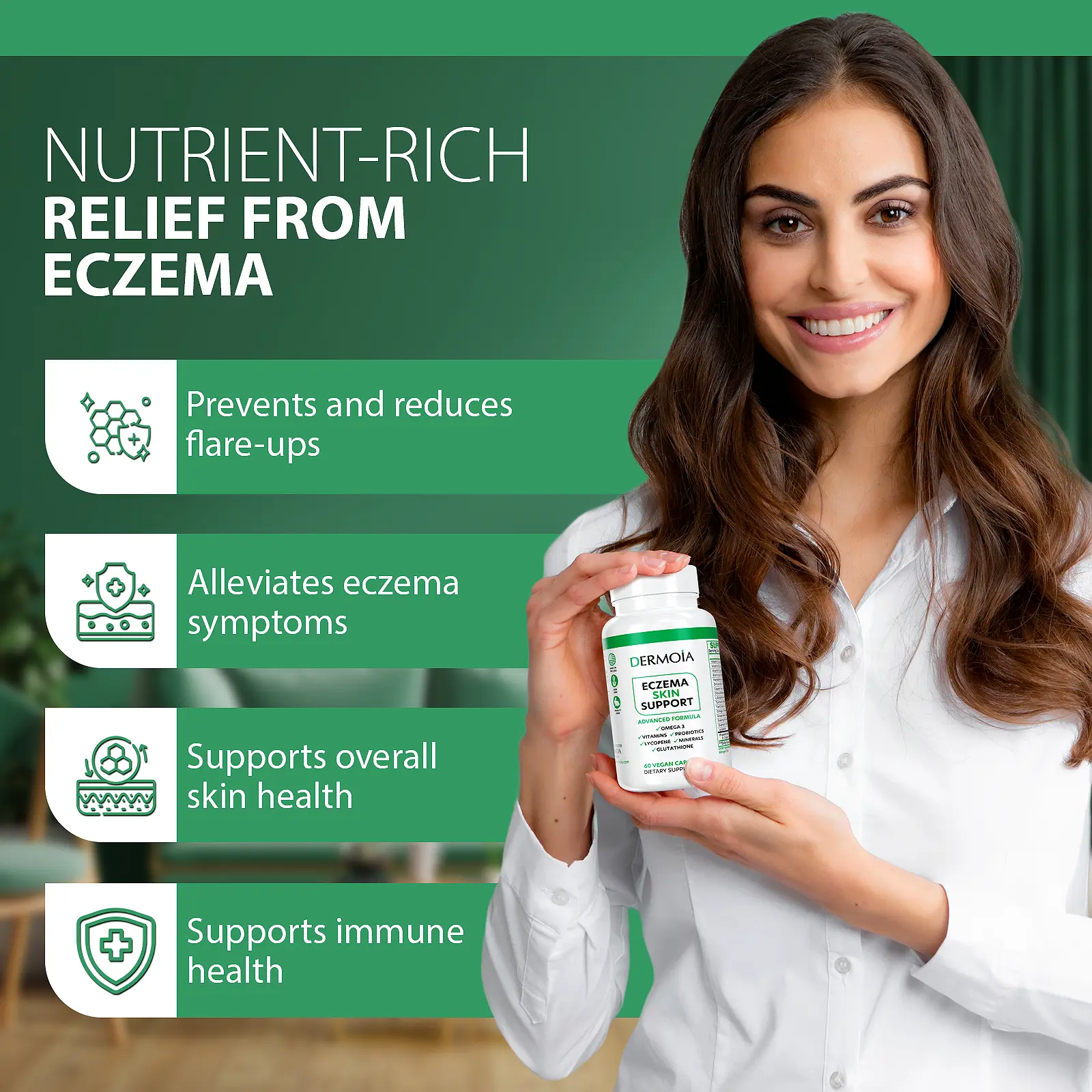DERMOIA Eczema Skin Support Supplements – Supports Relief from Itchy, Dry, Irritated Skin with Anti-Inflammatory Formula – Promotes Healthy Skin Barrier and Soothes Eczema Symptoms – 60 Capsules