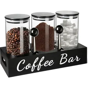 ISUN Coffee  Sugar Container Set, 3 count 50 Fl oz Bean Storage Canister With Airtight Lids, Black Glass  Sugar Holder Containers with Scoop/Shelf/Labels, Canisters Jars for Coffee Bar/Station