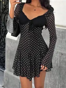 Elegant Chic Lace Patchwork Polka Dot A-Line Mesh Bodycon Dress, Fitted Evening Party Dress for All Seasons, Women's Fashion Clothing