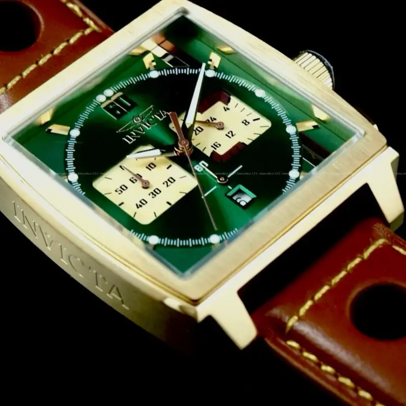 Invicta Men’s Watch Brand New - 100% Authentic - Classy Watch for Men with Brown Leather Band - Green Square Face - Gold Tone Case