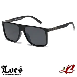​Locs Santa Fe Slims Hardcore Chicano Style Sunglasses – Flat Top Square Wraparound Shades with Textured Metal Temples – Black/Dark Smoke Shades 222