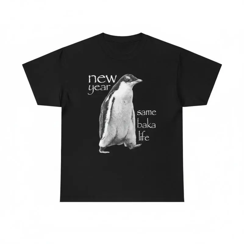 Women's Breathable Cotton Short-Sleeve Round Neck Casual Tee - "New Year Same Baka Life" Penguin Graphic, Funny Meme Top, Soccer-Inspired Casual Shirt