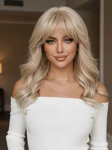 Wavy Wig with Bangs, Curly Wig, Synthetic Machine Wigs, 16 Inch Heat Resistant Hair, Ideal for Daily Commute or Holiday Parties Like Thanksgiving and Christmas, Synthetic Material Wigs