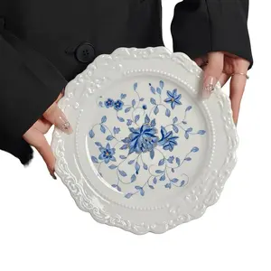 Vintage Blue and Porcelain Relief Ceramic Plate, Hand-Painted Floral Design, Safe Lead-Free, Ideal for Food Serving & Home Decor, Salad Serving Plates