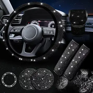 Bling Car Accessories Set 7pcs for Women and Men, Steering Wheel Cover, Sparkly Seat Belt Covers, Bling Gear Shift Cover, Cup Holder Coasters, Diamond Start Button Rings, All-Season Car Interior Decoration Fit Most Vehicle