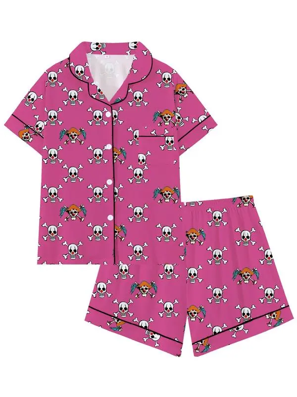 Women's Gothic Skeleton Sleepwear Set, Spooky Face Print Pajamas, Short Sleeve PJs, Cute Halloween Lounge Outfit