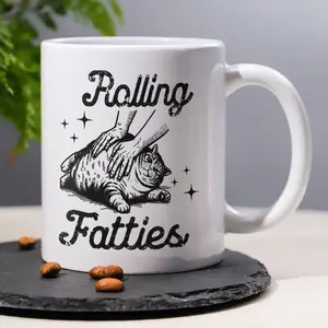 1pc 11oz Ceramic Coffee Mug with Cat Pattern - Rolling Fatties, Funny Humorous Sarcastic Decorative Tea Cup Ideal Birthday Gift Perfect for Office/Home for Women, Men, Friend, Cat lover