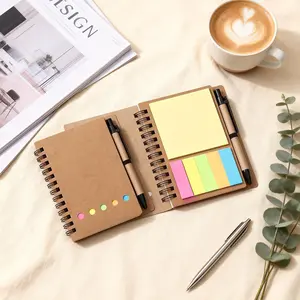 Spiral Notebook with Pen Holder, 1 Count Pocket Notebook with Sticky Note & Colorful Index Label, Creative Office Notepad, Durable Paper Cover Notebook, Portable Notebook for Office & School, Office Stationery