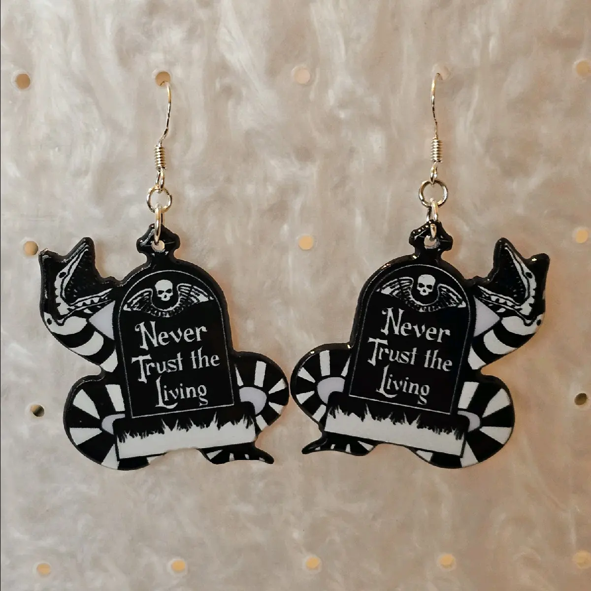 Beetlejuice Sandworm Tombstone Drop Hook Earrings "Never Trust the Living"