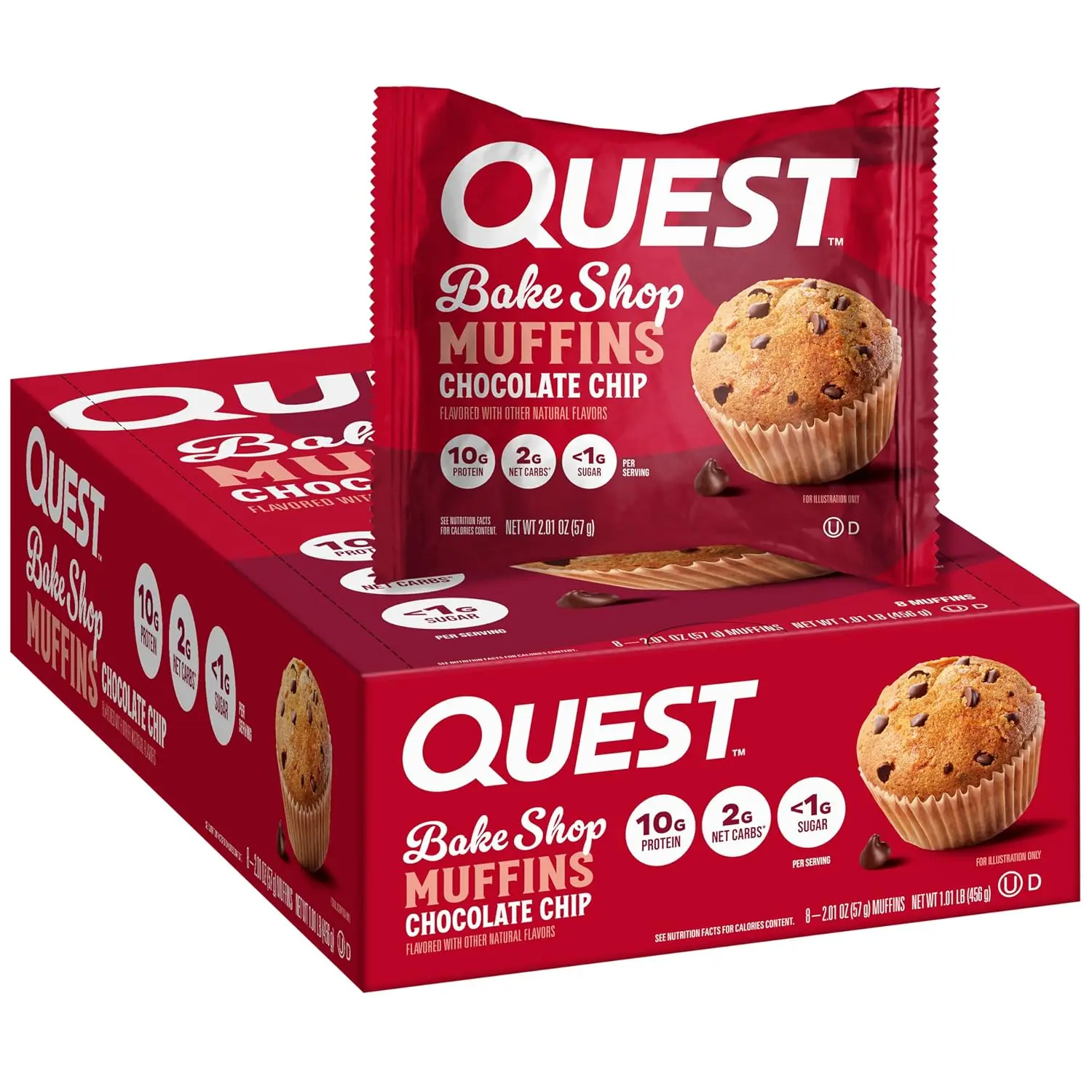 Quest Nutrition Chocolate Chip Muffin, 10g Protein, 2g Net Carb, Less than 1g Sugar, Protein Snack, 8 Count