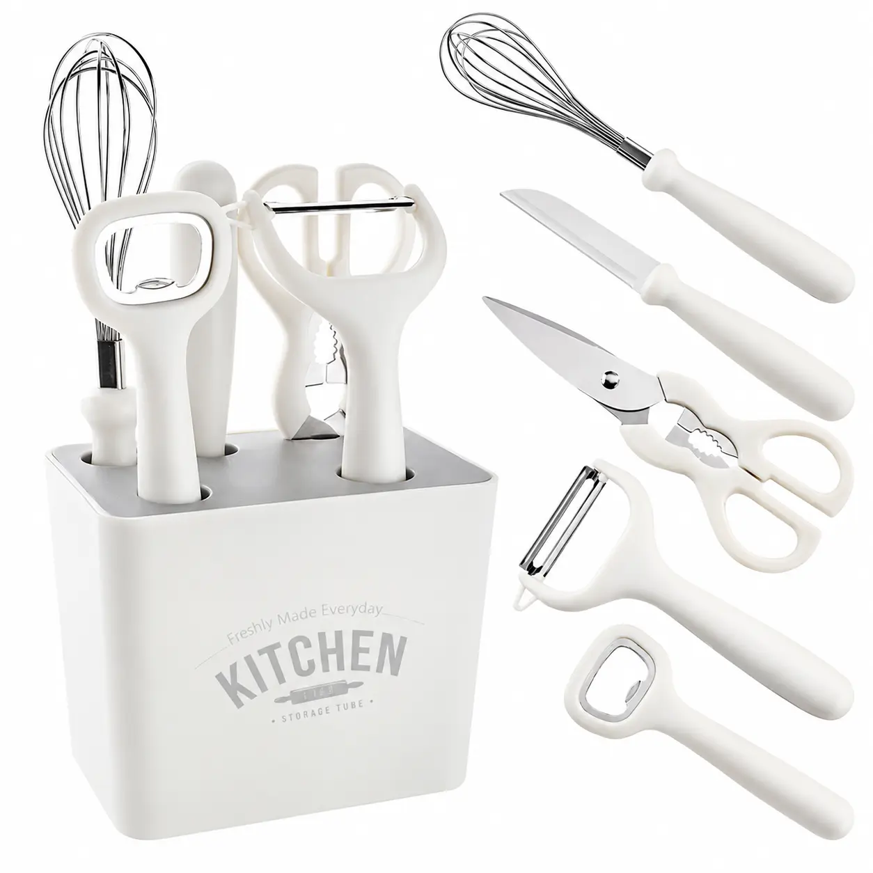6-Pcs Durable Stainless Steel Kitchen Gadget Set with Holder for Food Prep & Daily Kitchen Tasks, Including Scissors, Peeler, Whisk, Bottle Opener & Compact Cooking Utensils campingessentials