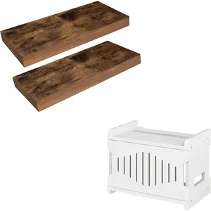 Floating Shelves for Wall and Wooden WiFi Router Storage Box, Wall Mounted Shelf Set of 2, WiFi Router Organizer with Cable Management & Ventilation, BF40BJ01-WT125CJ01