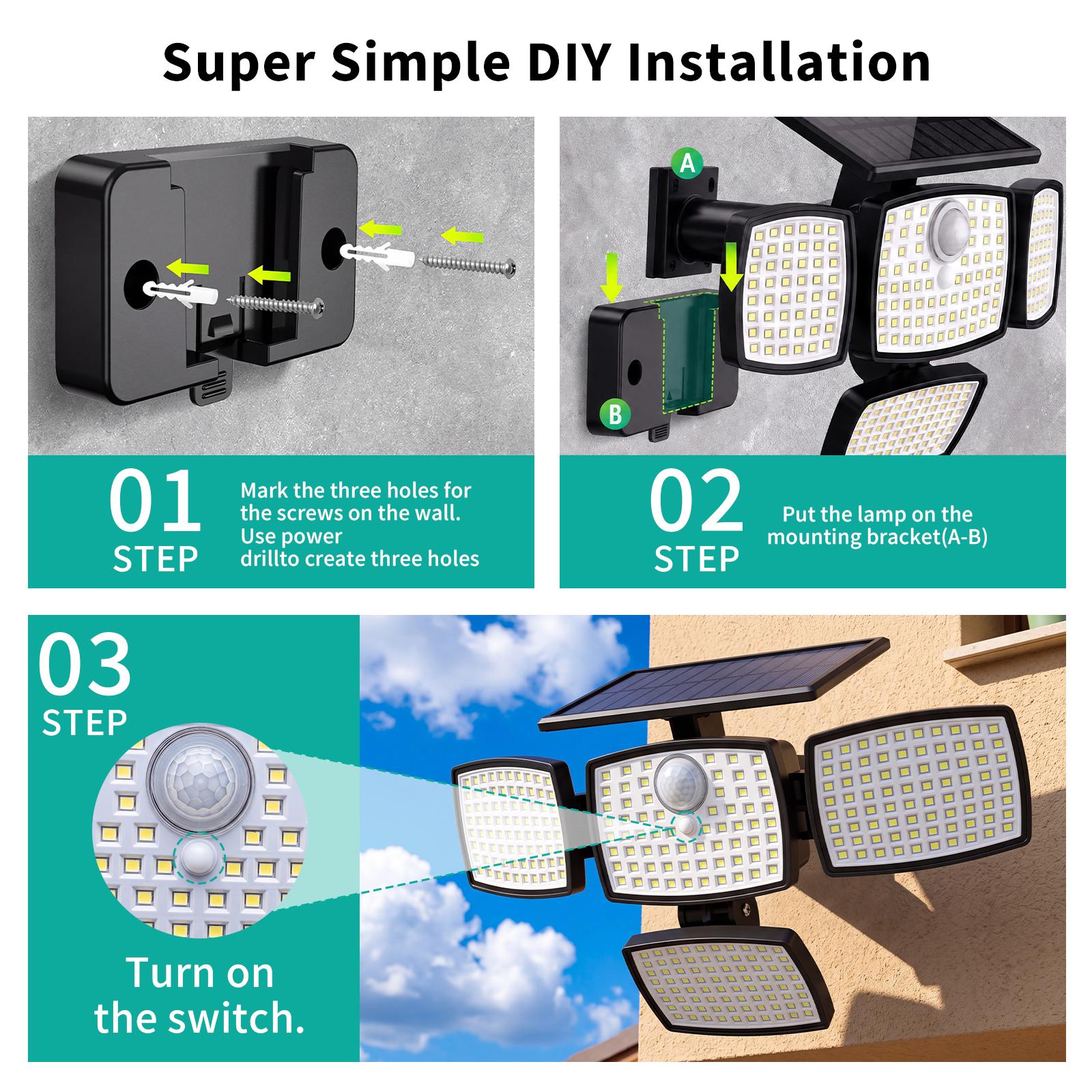 Hoodink Solar Outdoor Wall Light - 4500LM Flood Beam, 306LED 4-Heads Motion Sensor, Remote Control, 270°Wide Angle, IP65 Waterproof, Easy Install, 3 Modes, Solar No Wiring, Adjustable Flood & Spot Lighting, Outdoor Lighting Solutions for Backyard Hoodink Solar Outdoor Wall Light - 4500LM Flood Beam, 306LED 4-Heads Motion Sensor, Remote Control, 270°Wide Angle, IP65 Waterproof, Easy Install, 3 Modes, Solar No Wiring, Adjustable Flood & Spot Lighting, Outdoor Lighting Solutions for Backyard