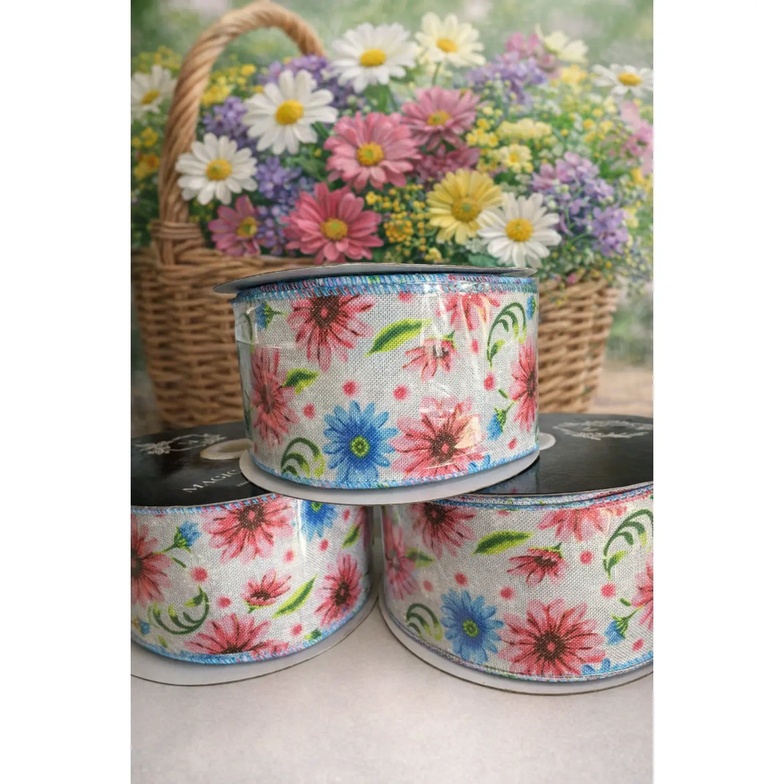 2.5" Wire Edge Daisy Ribbon Blue\Pink