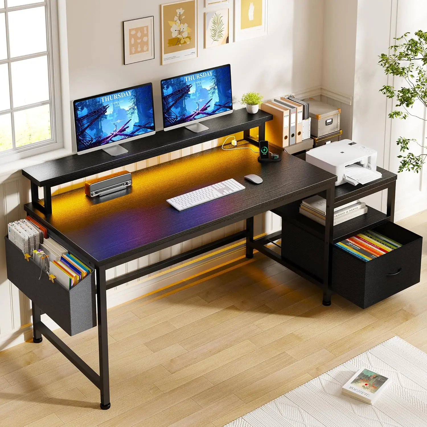 Raybee Furniture Computer Desk with Power Outlets,Home Office Desk with Fabric File Cabinet,Study Writing Gaming Desk with Monitor Shelf,Work Table with Printer Space