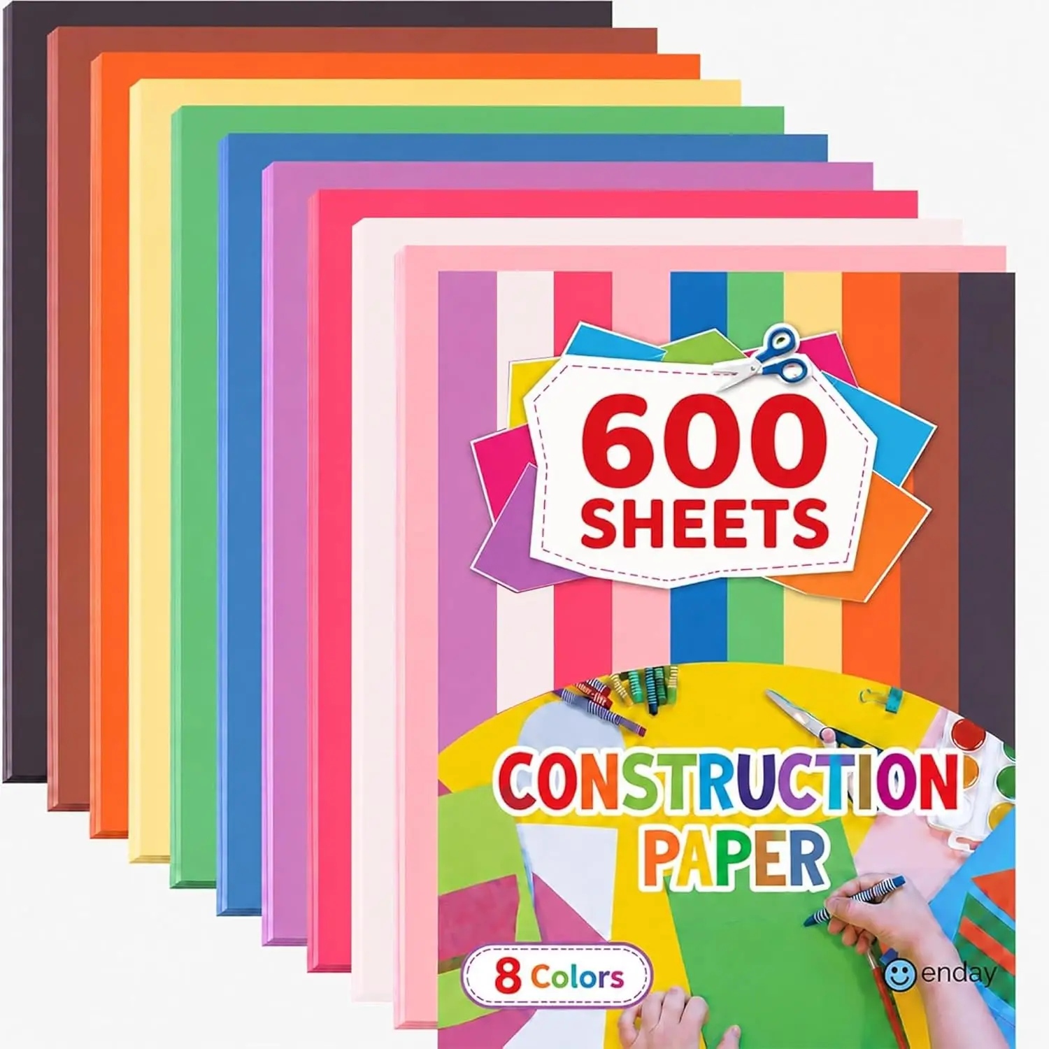 Construction Paper Assorted Colors, (600 Sheets) 8 Bright Colors, 9x12 Bulk Craft Paper, Standard Weight Construction Paper, Color Paper for Kids Arts & Crafts and School Projects, by Enday